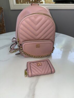 Pink Quilted Mini Backpack with Matching Wallet - Gold Hardware